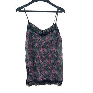 Metaphor Sheer Black Pink Floral Lace Trim 90s Y2K Cami Slip Top S NWT